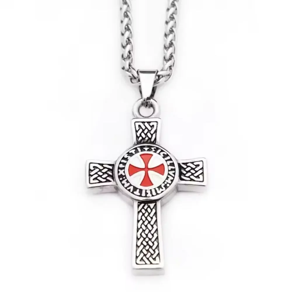 Silver & Red Cross Pendant Necklace Crusader Crusades Men's Christmas Birthday